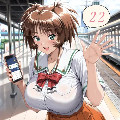 masterpiece, newest, lively, very aesthetic, High Contrast, mature woman,solo.((Ichimonji_Akane(Tokimeki_Memorial2),1girl, solo, brown hair, green eyes, short hair, huge breasts, bangs, shiny hair, sidelocks)),((school uniform,white shirt,Red Ribbon,orange...