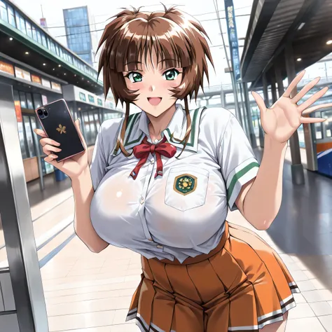 masterpiece, newest, lively, very aesthetic, High Contrast, mature woman,solo.((Ichimonji_Akane(Tokimeki_Memorial2),1girl, solo, brown hair, green eyes, short hair, huge breasts, bangs, shiny hair, sidelocks)),((school uniform,white shirt,Red Ribbon,orange...