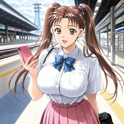 masterpiece, newest, lively, very aesthetic, High Contrast, mature woman,solo,((KanouRyouko, twintails, brown hair, long hair, brown eyes)),((school uniform,white shirt,blue ribbon,pink pleated skirt)), ((Big Breasts:1.4)), (smile,open mouth),(( Tokyo ,sta...