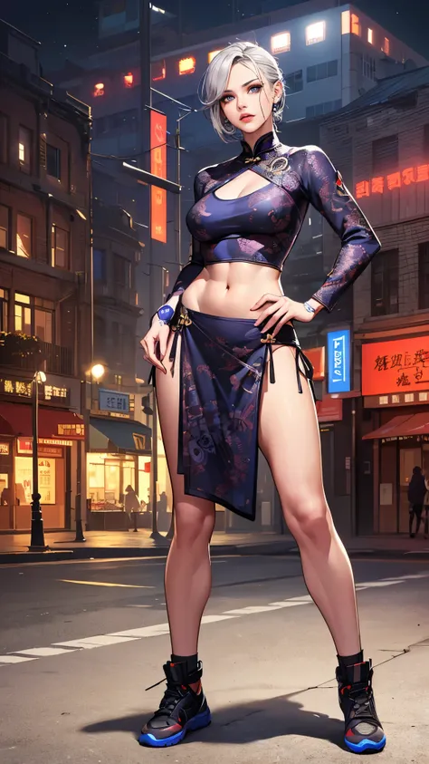 Sensual 24 years old female, sexy futuristic street fighter, (eight heads tall, long legs), detained sexy eyes, very beautiful short silver hair, BREAK (extremely detailed cool casual clothing:street fashion , intricate designed futuristic top and skirt, d...