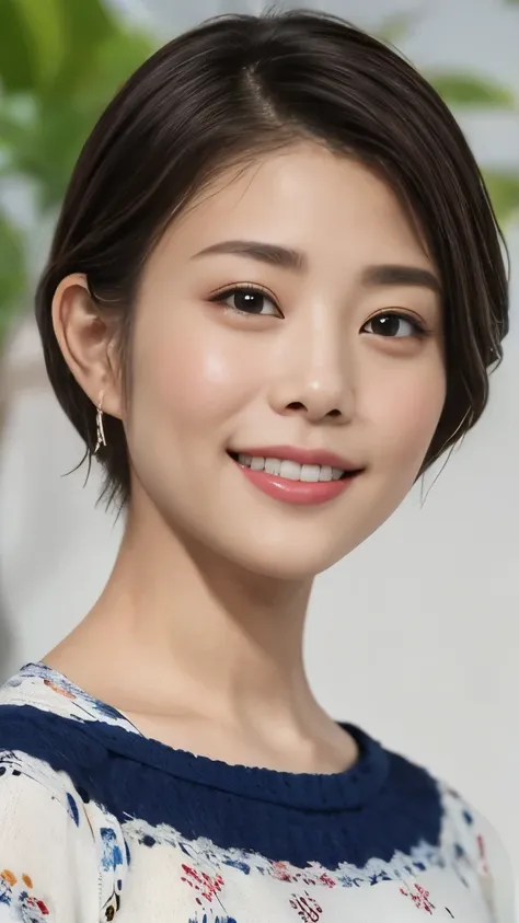 1 Female,Photorealistic,Highest quality,Ultra high definition,8K,Cool Beauty,Beauty,Perfect Style,Summer knitwear,Japanese,、上半身、smile,looking at the camera,Very Short Bob、耳にピアス、薄い茶髪、