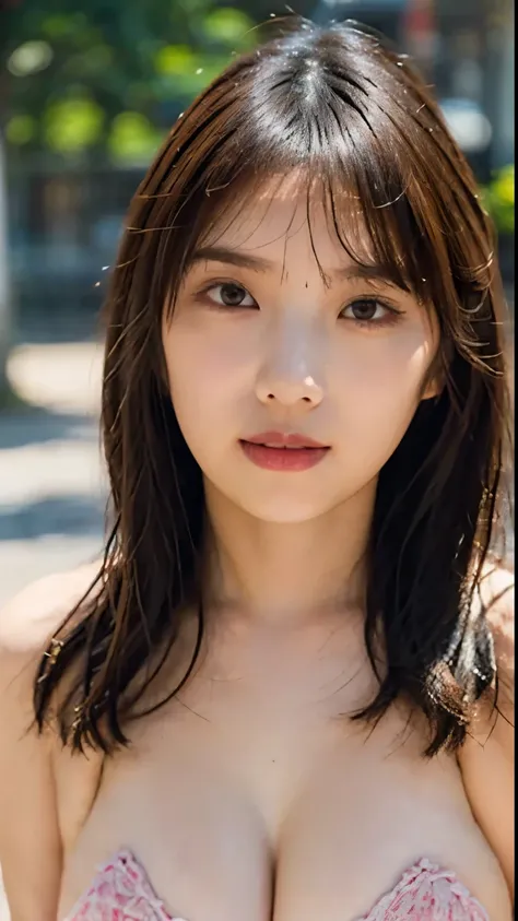 naked、全naked、big 、Ｆcup size 、全nakedで立っています、A large area of pubic hair、saggy 、brown-colored nipples、place your hands on your hips、grey background、Legs slightly open、Bob Hair、全nakedの男性と手を繋いで二人で並んでいます、It's lovey-dovey、