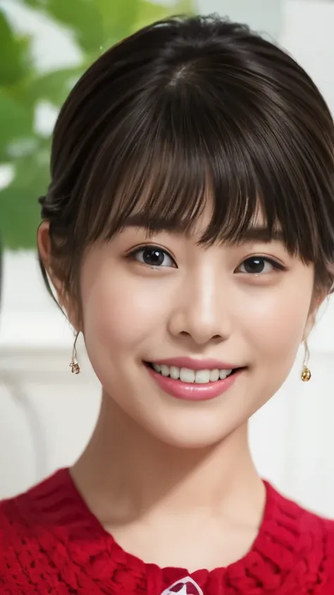 1 Female,Photorealistic,Highest quality,Ultra high definition,8K,Cool Beauty,Beauty,Perfect Style,Summer knitwear,Japanese,、上半身、smile,looking at the camera,Very 髪型ショートカット、耳にピアス、薄い茶髪、