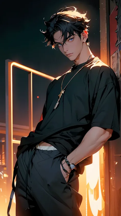 highest quality, 8,000, High Resolution Image, 动漫风格 Cyber Bar, ( Riosli/genshin impact), Detailed description, Bored expression, blurry, purple light reflection, (Close Angle), 1 man, Young, male, Model, Hands in pockets, cool guy, multicolored backgrou...