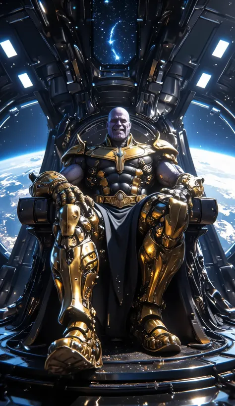 A breathtaking, ultra-detailed 8K cinematic image focusing on Thanos seated imposingly on a massive, dark metallic throne inside a colossal alien spaceship. Thanos wears his full golden battle armor, heavily scarred and battle-worn, each dent telling a sto...