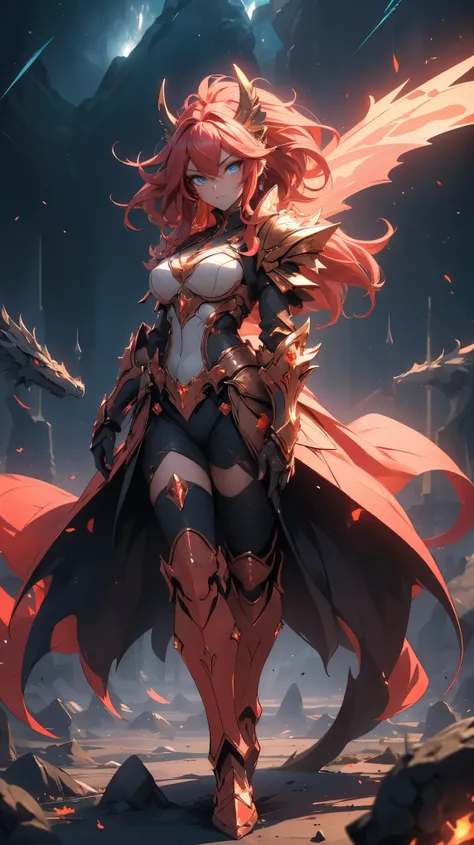 (masterpiece), (best quality), (high uqality), (8k), girl, (full-body), dragon armor, intricate details, red glow, short shilver hair, back messy hair, detailed hair strands, light blue eyes, dominance expression, walking in lesser caotic place as she rule...