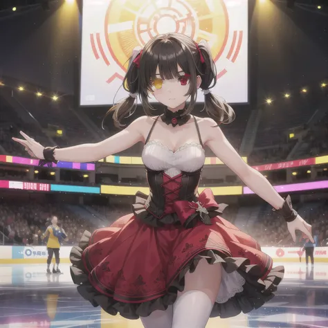 A breathtakingly beautiful 20-year-old woman glides dynamically across the ice rink, dressed in an exquisitely detailed and elegant figure skating costume. Her graceful movements exude both power and finesse as she carves intricate patterns into the ice. T...
