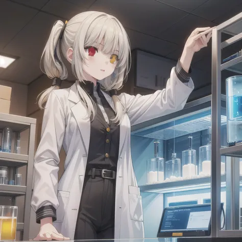 Depict a 20-year-old, stunningly beautiful woman conducting an experiment in a well-equipped science lab. She wears a pristine white lab coat over professional attire, her expression focused as she carefully handles scientific instruments. Whether her hair...