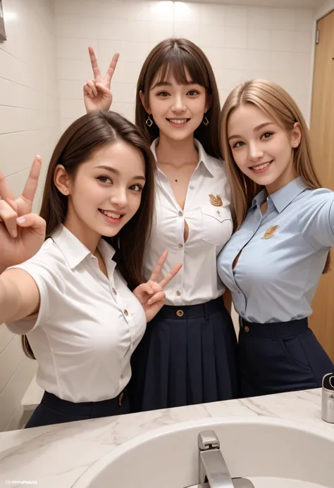 Ultra High Definition, High Quality, masterpiece, Detailed Background, Beautiful Girl, Big Breasts, jk uniform, button gap, Button-popped, changing room against the wall, Happy Atmosphere, (Three girls happily taking selfies:1.5), (peace sign:1.4), cute