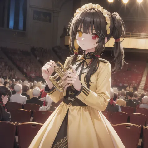 Depict a 20-year-old, dazzlingly beautiful woman playing a brass instrument in a grand concert hall. She wears an elegant yet practical band uniform, designed with intricate gold embroidery. Her posture is poised, fingers positioned with precision, her eye...