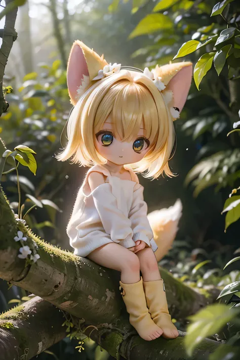 Fox,  chibi, Naked,  in the woods, tree々Surrounded by, calm atmosphere, natural light, soft light, delicate texture, realistic, 4K, HDR, Superb Details, Professional, Vivid Colors, bokeh