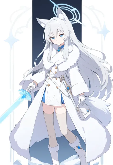 long silver hair , Blue Gem , Blue Eyes ,wearing a white mink fur plush coat , white boots,Small white satchel,calm expression , blue halo, gray wolf ears, white gloves,beige stockings,With an ice sword in hand,Wiping the sword