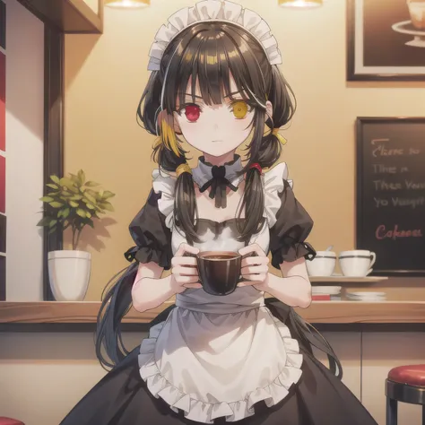 A girl is working as a waitress in a cozy cafe. She's wearing a classic maid outfit. The air feels warm and calm, and it's like you can almost smell the coffee through the picture. Long Hair, Dark Hair, (Red Eyes:1.3), (Pigtails:1.5), (Yellow Eyes:1.3), (H...