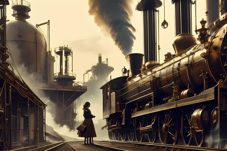 Steampunk World、Mechanical、gear、Woman looking up at a huge pendulum clock、Aristocrat style costume、A woman with long, wavy, and rich hair、dark brown hair、Steam engine