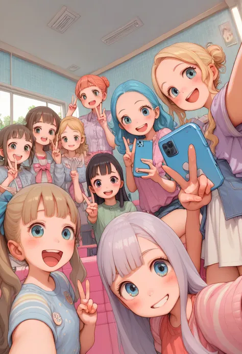 Ultra High Definition, High Quality, masterpiece, Detailed Background, Beautiful Girl, Big Breasts, jk uniform, button gap, Button-popped, changing room against the wall, Happy Atmosphere, (5 girls happily taking selfies:1.5), (peace sign:1.4), cute