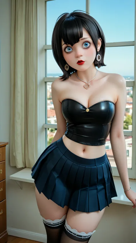 score_9, score_,Above 8,focus,, absurdres, highres, illustration,

a girl,MAVISDRACULA , 1girl, Alone, black hair, SHORT HAIR, blue eyes, lipstick,,their breasts are huge, small thong, big thighs,large hips well defined buttocks,
high stockings, belly butt...