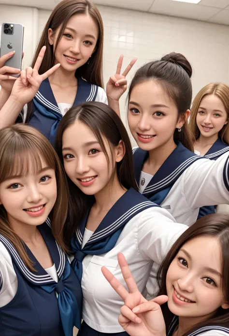 Ultra High Definition, High Quality, masterpiece, Detailed Background, Beautiful Girl, Big Breasts, jk uniform, sailor suit、button gap, Button-popped, changing room against the wall, Happy Atmosphere, (5 girls happily taking selfies:1.5), (peace sign:1.2)、...
