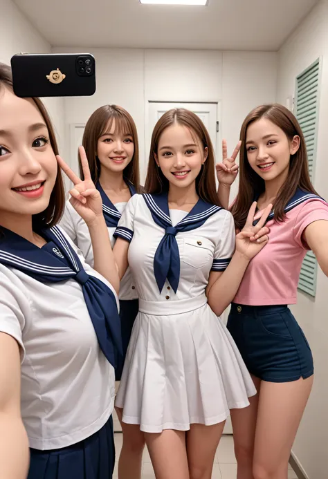 Ultra High Definition, High Quality, masterpiece, Detailed Background, Beautiful Girl, Big Breasts, jk uniform, sailor suit、button gap, Button-popped, changing room against the wall, Happy Atmosphere, (5 girls happily taking selfies:1.5), (peace sign:1.2)、...