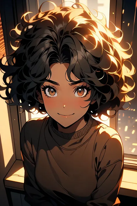 Dark-skinned anime girl, 14 anos, big black hair, the curly afro top view , discreet smile,com um pretty face , casual clothes, in a daytime setting ((Best Quality)) ((detalhado)) ((hd)) ((pretty face)), ((seen from above))