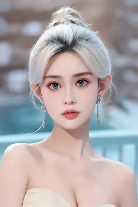 Beautiful Woman with Perfect Body:1.4,Layered Hairstyle,prominent cleavage:1.2,highly detailed facial and skin textures,Double eyelids,Skin Whitening,has white hair,Lean down photo