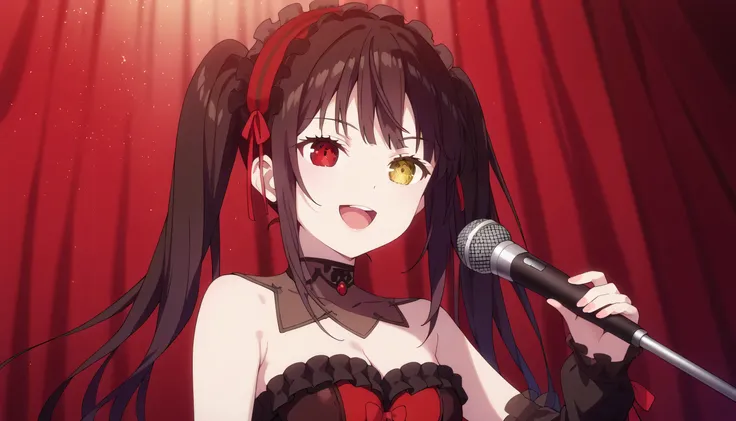 score_9, score_8_up, score_7_up, solo, 1girl, source_anime, kurumi tokisaki, black hair, red eyes, long hair, cowboy shot, sing, singing, open mouth, mic, holding mic, looking at viewers, twintails, yellow eyes, hairband, heterochromia, dress, red dress, b...
