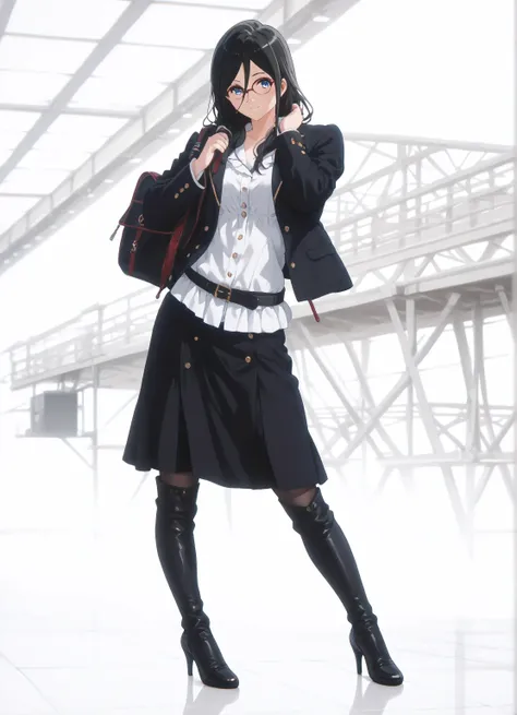  ((inspired by Asuka Tanaka:1.2)),(inspired by Kyoto Animation Style),(masterpiece, best quality),beautiful, beautiful-woman, ((detailed face)).(full body:1.3).,
  
 ((black hair)), glasses, blue eyes, long hair, over-rim eye-wear,cowboy shot, semi-rimless...
