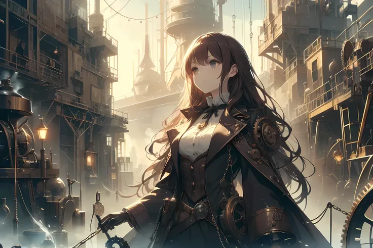 Steampunk world, mechanical devices, gears, woman looking up at a giant pendulum clock, aristocratic outfit, long wavy hair, dark brown hair, steam engine