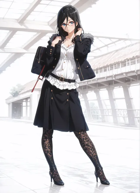  ((inspired by Asuka Tanaka:1.2)),(inspired by Kyoto Animation Style),(masterpiece, best quality),beautiful, beautiful-woman, ((detailed face)).(full body:1.3).,
  
 ((black hair)), glasses, blue eyes, long hair, over-rim eye-wear,cowboy shot, semi-rimless...