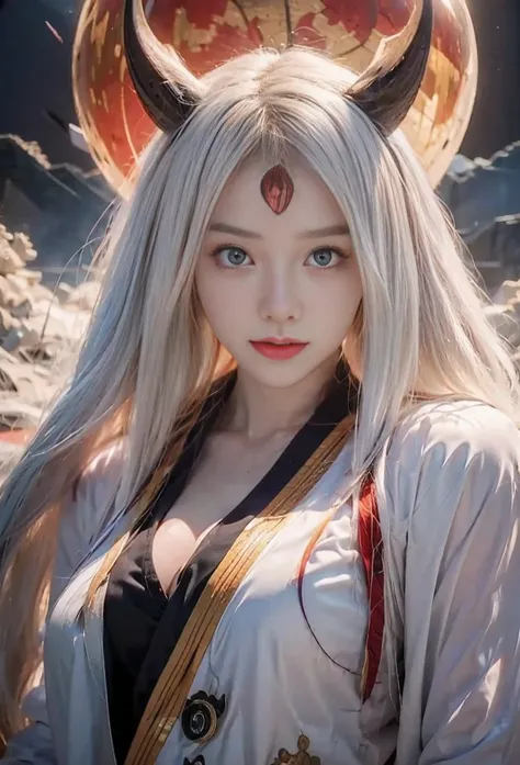 source_anime, (masterpiece), (best quality), score_9, score_8_up, score_7_up, (masterpiece:1.2), (best quality:1.3), 1girl kaguya_otsk, long hair, looking at viewer, third eye, horns, japanese clothes, pale skin, red moon, cleavage, angry expression, facia...