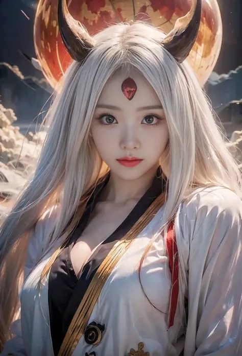 source_anime, (masterpiece), (best quality), score_9, score_8_up, score_7_up, (masterpiece:1.2), (best quality:1.3), 1girl kaguya_otsk, long hair, looking at viewer, third eye, horns, japanese clothes, pale skin, red moon, cleavage, angry expression, facia...