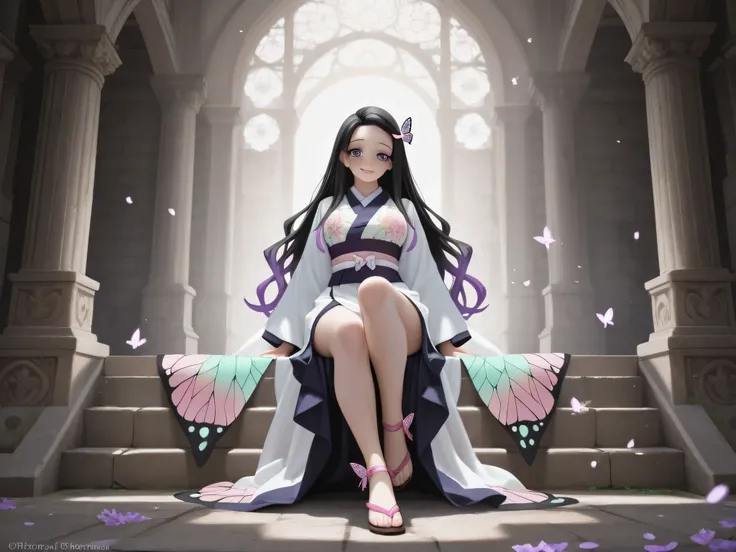 Masterpiece, Top Quality Illustration, Hyper-Realistic Anime, Shinobu Kochō from Kimetsu no Yaiba, Larger Bust, Beautiful Detailed Face with Mesmerizing Purple Eyes, Lovely Radiant Smile, Sexy Sitting Pose with One Leg Slightly Raised, Accurately Detailed ...