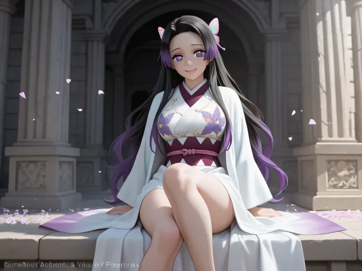 Masterpiece, Top Quality Illustration, Hyper-Realistic Anime, Shinobu Kochō from Kimetsu no Yaiba, Larger Bust, Beautiful Detailed Face with Mesmerizing Purple Eyes, Lovely Radiant Smile, Sexy Sitting Pose with One Leg Slightly Raised, Accurately Detailed ...