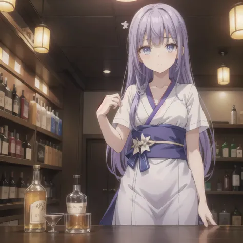 A 2D anime-style illustration. The scene is set inside a dimly lit, cozy Japanese "snack" bar. The lighting is soft and warm, with gentle shadows creating a relaxed, moody atmosphere. Bottles of liquor line the shelves behind the bar, and small round table...