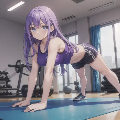 A person doing a plank exercise on a mat in a fitness gym, minimal equipment, bright interior.  Purple hair, long hair, blue eyes.