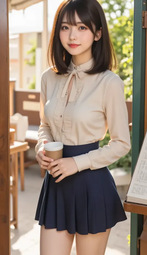 anime style, adorable girl named Shiori Shinozaki, 22 years old, expressive round droopy eyes, fluffy ash brown shoulder bob hair, light beige ribbon-tie blouse, navy flare skirt, beige pumps, healthy slender body with soft curves, slightly blushing shy sm...