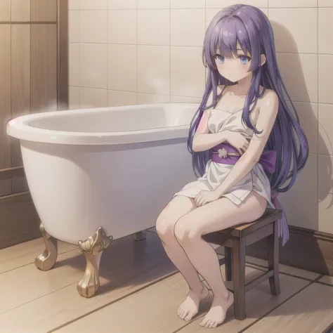A beautiful woman in a A narrow, compact Japanese bathroom, with tiled walls, a small bathtub, and a wooden stool beside it. Steam fills the room., sitting in seiza style , politely waiting to greet someone.The character is wrapped in a towel around the bo...