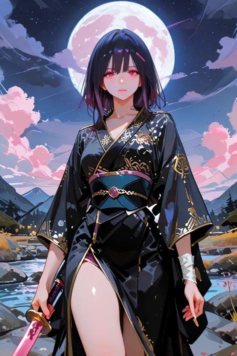 Masterpiece, Best Quality, Top Quality, Very Detailed, 1 girl, score_9, score_8_up, score_7_up, A young Asian woman with dark hair and striking reddish-pink eyes, rendered in a stylized anime/manga art style. She has a calm, serene expression, holding a la...