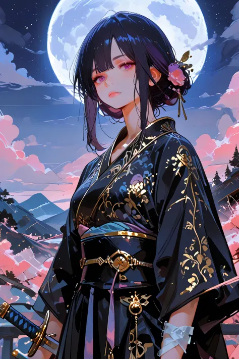 Masterpiece, Best Quality, Top Quality, Very Detailed, 1 girl, score_9, score_8_up, score_7_up, A young Asian woman with dark hair and striking reddish-pink eyes, rendered in a stylized anime/manga art style. She has a calm, serene expression, holding a la...