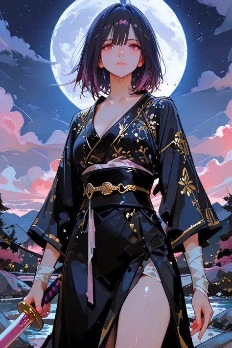 Masterpiece, Best Quality, Top Quality, Very Detailed, 1 girl, score_9, score_8_up, score_7_up, A young Asian woman with dark hair and striking reddish-pink eyes, rendered in a stylized anime/manga art style. She has a calm, serene expression, holding a la...