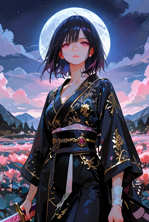 Masterpiece, Best Quality, Top Quality, Very Detailed, 1 girl, score_9, score_8_up, score_7_up, A young Asian woman with dark hair and striking reddish-pink eyes, rendered in a stylized anime/manga art style. She has a calm, serene expression, holding a la...