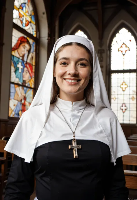 Masterpiece, photorealistic.
An old Polaroid Photo, Photo Borders, framed, very old Polaroid Photo with cracks,
A graceful Nun, (((medium shot:2,0))), (((cowboy shot))), (((fullbody portrait))), Style from the Fifties, faded vintage Color Scheme, in a C...