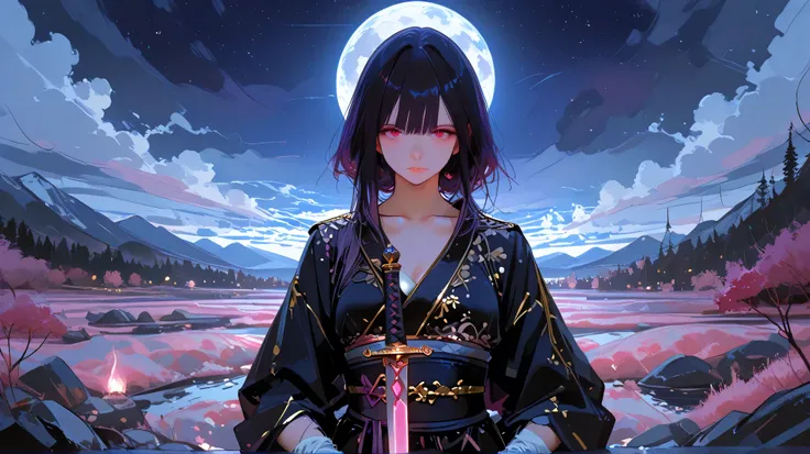 Masterpiece, Best Quality, Top Quality, Very Detailed, 1 girl, score_9, score_8_up, score_7_up, A young Asian woman with dark hair and striking reddish-pink eyes, rendered in a stylized anime/manga art style. She has a calm, serene expression, holding a la...
