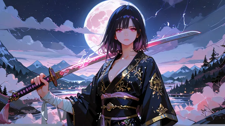 Masterpiece, Best Quality, Top Quality, Very Detailed, 1 girl, score_9, score_8_up, score_7_up, A young Asian woman with dark hair and striking reddish-pink eyes, rendered in a stylized anime/manga art style. She has a calm, serene expression, holding a la...