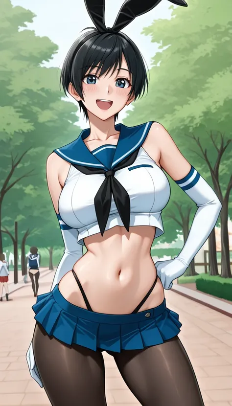 score_9, score_8_up, score_7_up, source_anime top quality、8k、masterpiece、natural light、high accuracy、Perfect Anatomy、One woman、medium chest、saggy breasts:1.5、black hair、Shortcut、boyish、( Happy Expression 、blushes)、 shimakazecosplay, shimakaze \(cosplay\), ...