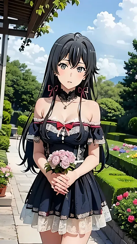 (masterpiece, best quality, highres, 8k:1.2), (anime), yukino, long hair, ahoge, Small medium breast, hair ribbon, Perfect face, Perfect eyes, (1girl), nffsw, (blue dress, off shoulder dress, lace-trimmed dress, bare shoulders, frills), earrings, pendants,...