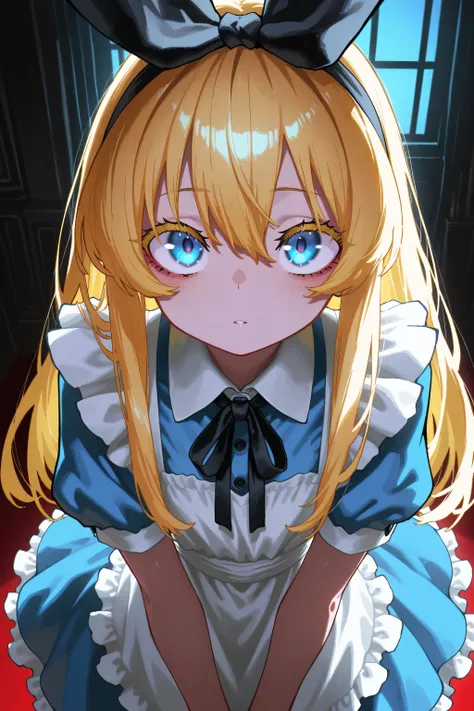 kmj-anonstyle, [artist:yoneyama mai], (atahuta:0.5), [artist: ekrea_jan], aruhshura, masterpiece,best quality,amazing quality, 748cmstyle, solo, eye focus, anime screencap, dramatic lighting, alice in wonderland, blonde hair, blue eyes, beautiful eyes, fan...
