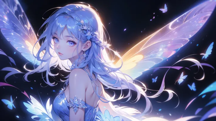1 girl on break day,((( Highest Quality 、greatest masterpiece 、 high resolution、 very detailed )))、Cute star fairy、 long hair、Shiny light blue hair color、 A beautiful anime style fairy girl、It has twinkling, fairy-like wings、wearing a dress with sparkling ...
