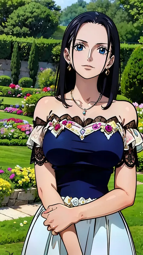 (masterpiece, best quality, high resolution, 8K:1.2), anime coloring, detailed, from one piece, one piece style, Nico Robin, mature woman, 30 years old, woman with long black hair, big medium breasts, calm and collected, happy expression and laughing, soft...