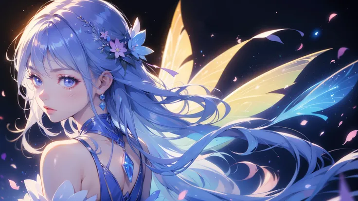 1 girl on break day,((( Highest Quality 、greatest masterpiece 、 high resolution、 very detailed )))、Cute star fairy、 long hair、Shiny light blue hair color、 A beautiful anime style fairy girl、It has twinkling, fairy-like wings、wearing a dress with sparkling ...