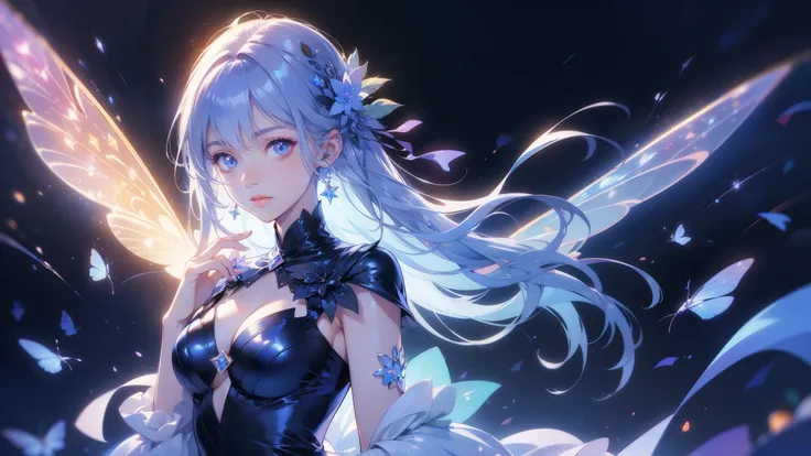 1 girl on break day,((( Highest Quality 、greatest masterpiece 、 high resolution、 very detailed )))、Cute star fairy、 long hair、Shiny light blue hair color、 A beautiful anime style fairy girl、It has twinkling, fairy-like wings、wearing a dress with sparkling ...